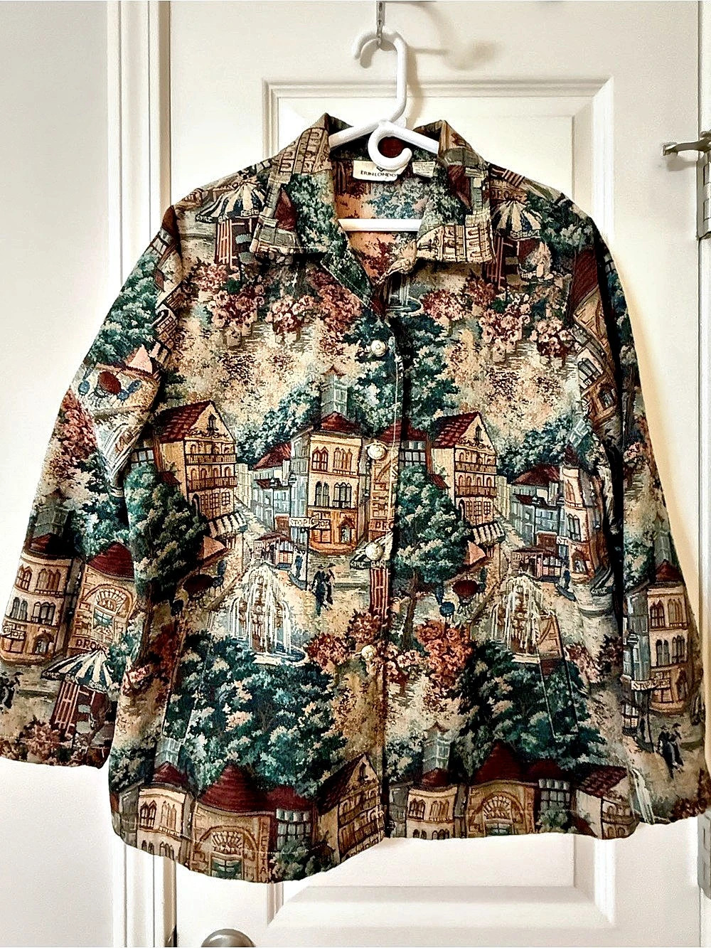 Erin London European Village Scene Tapestry Jacket Green & Brown